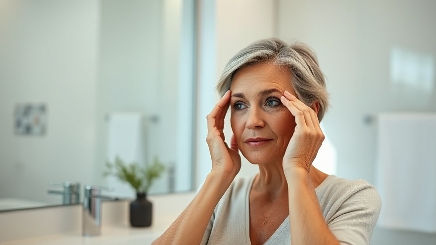 Middle-aged woman exploring photobiomodulation therapy for eye health in a serene bathroom.