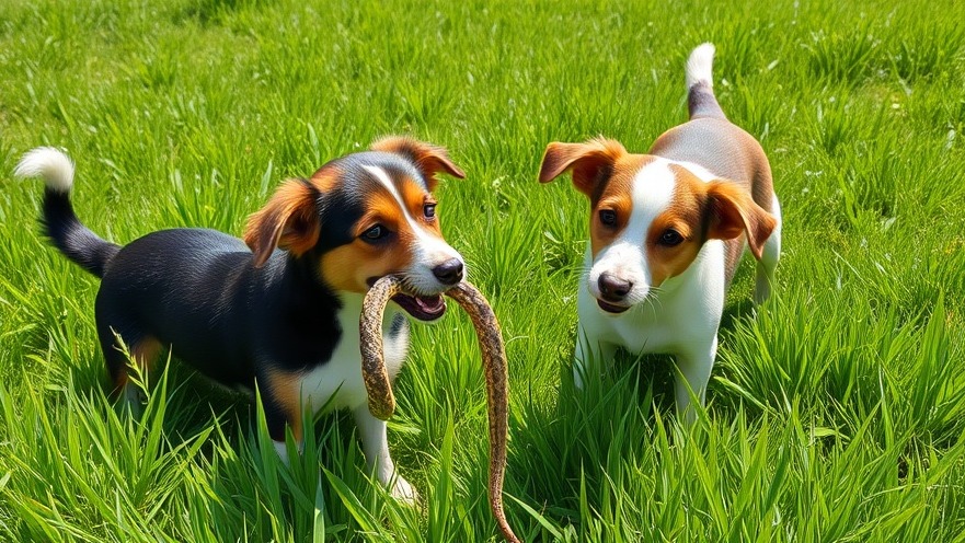 Two dogs interact in a sunny field, one with a snake, highlighting dog safety snake bite survival.