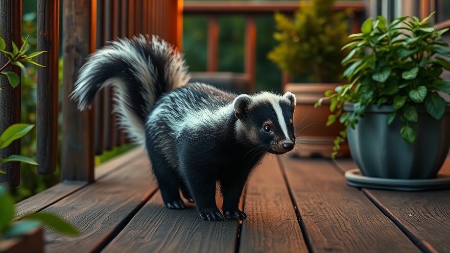 Curious skunk exploring deck, highlighting skunk spray treatment tips for pet safety.
