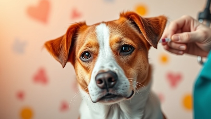A calm dog receiving core vaccines for dogs in a vet setting.