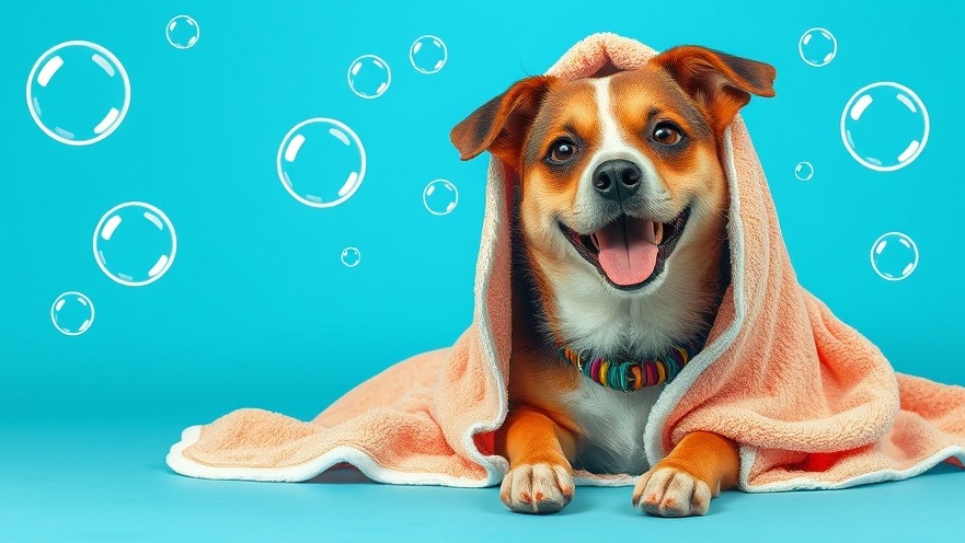 Cheerful large dog wrapped in towels, showcasing pet care and grooming essentials.