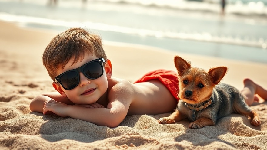Young child with sunglasses and a small attentive dog on a sunny beach, perfect for dog-friendly travel.