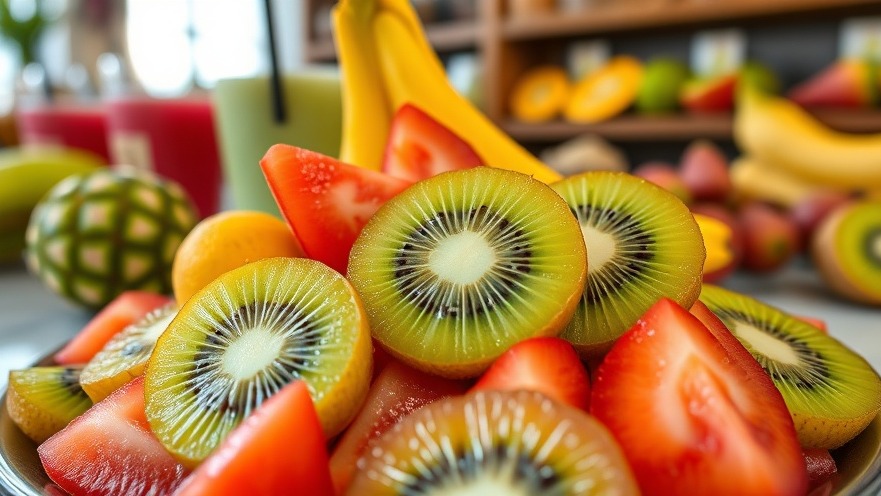 Vibrant sliced kiwi showcasing health benefits of fruits in a colorful indoor setting.
