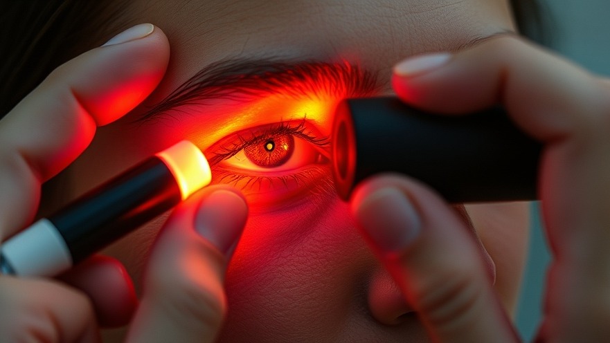 Woman receiving photobiomodulation therapy for eye health with a handheld device.