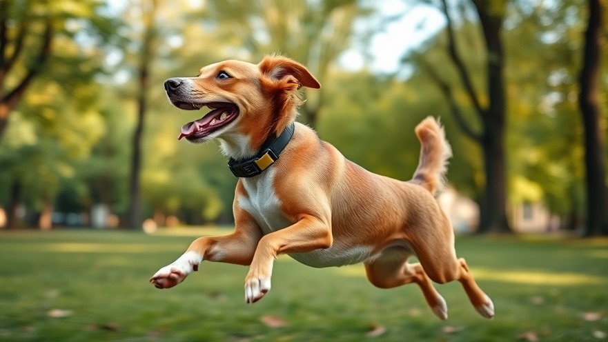 Energetic dog leaping with a modern GPS collar in a lush green park, showcasing pet safety.