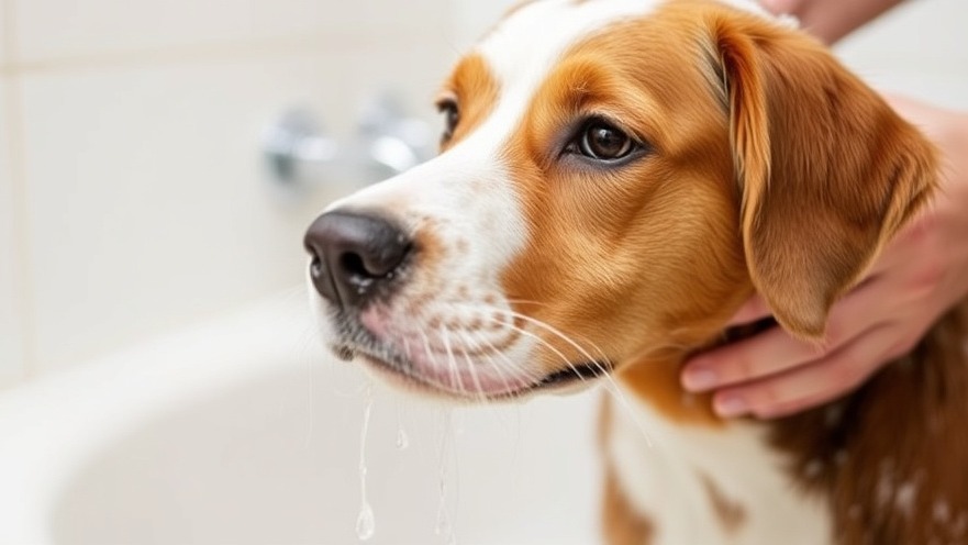 A dog in a bath being groomed safely, highlighting organic dog care.