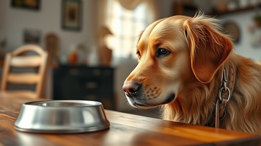Golden retriever observes bowls, focusing on pet safety tips in a cozy home setting.