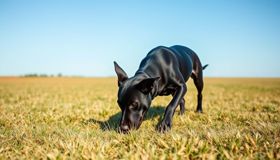 Energetic black dog sniffing the grass in a field.