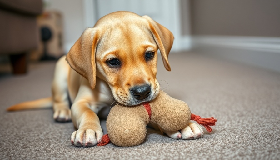 Playful Labrador Retriever puppy chewing a toy indoors.