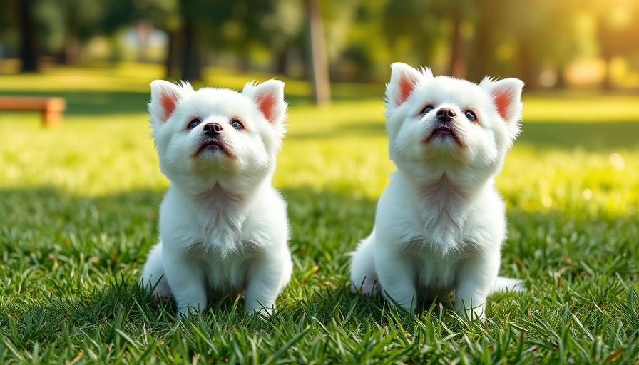 Two small fluffy dogs, role of maintenance training in counterconditioning, in a sunny park.
