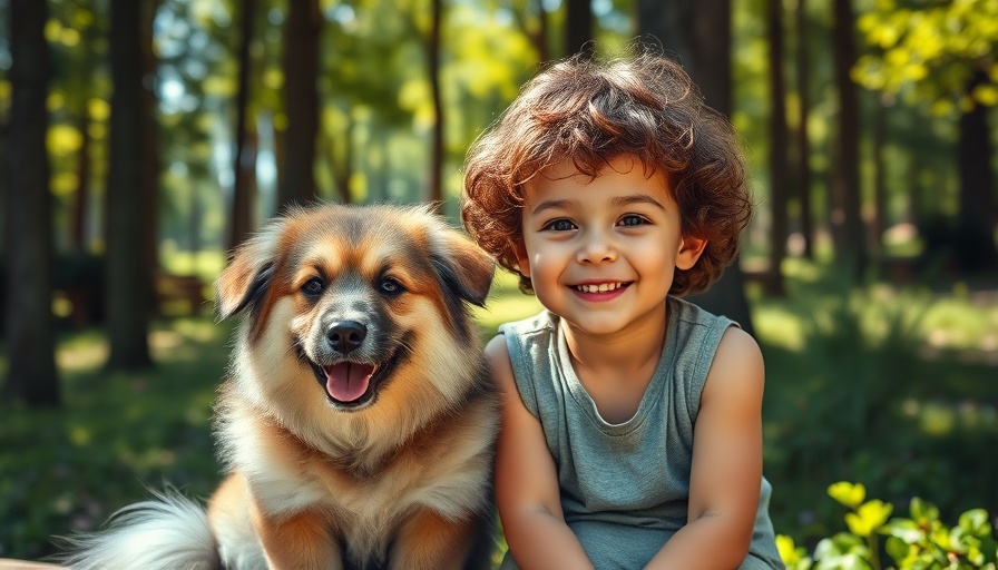 Happy toddler with dog on bench in forest, focusing on safety.
