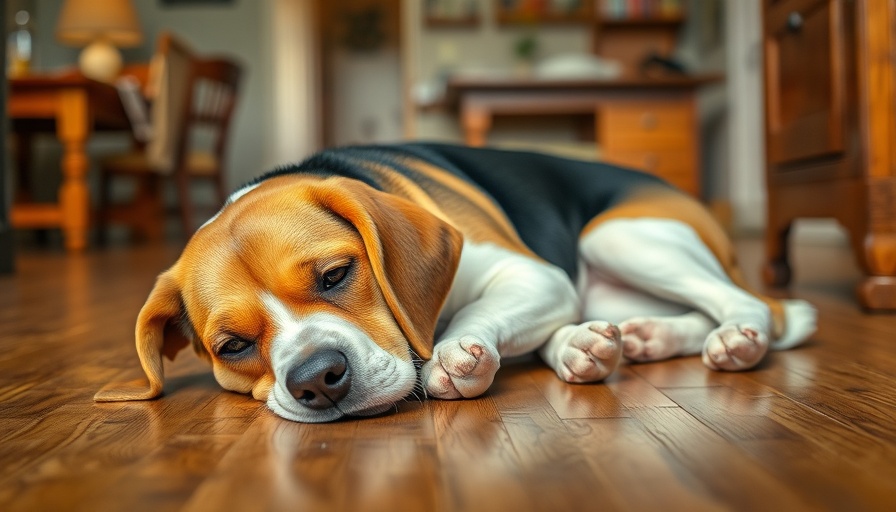 Beagle dog resting on floor; Dog Vomiting Reasons info.