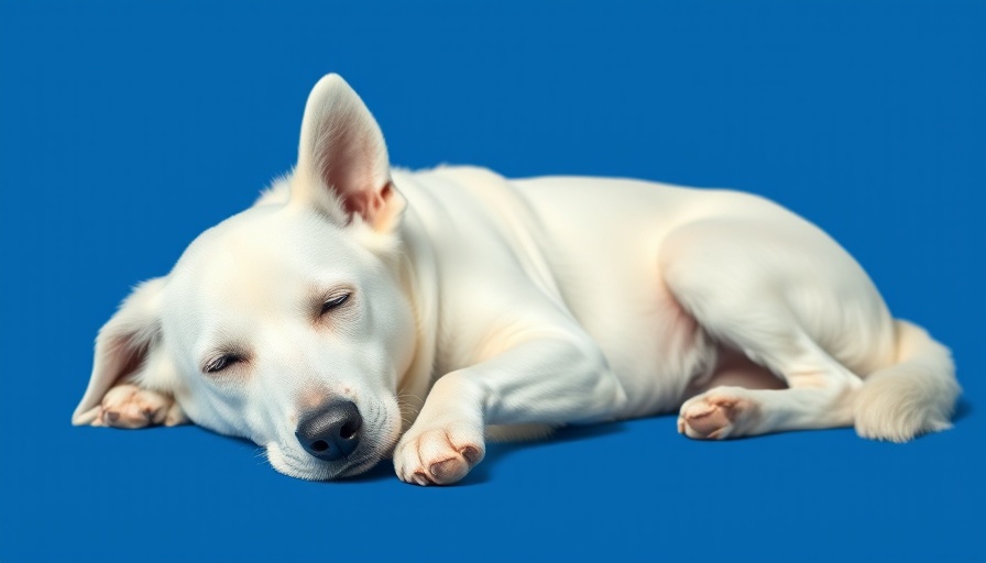 White dog lying on a blue background with dog shaking causes text.