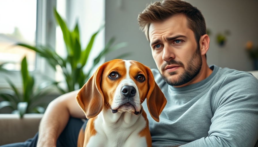 Concerned man with Beagle discussing when to call your vet about blood in dog stool.