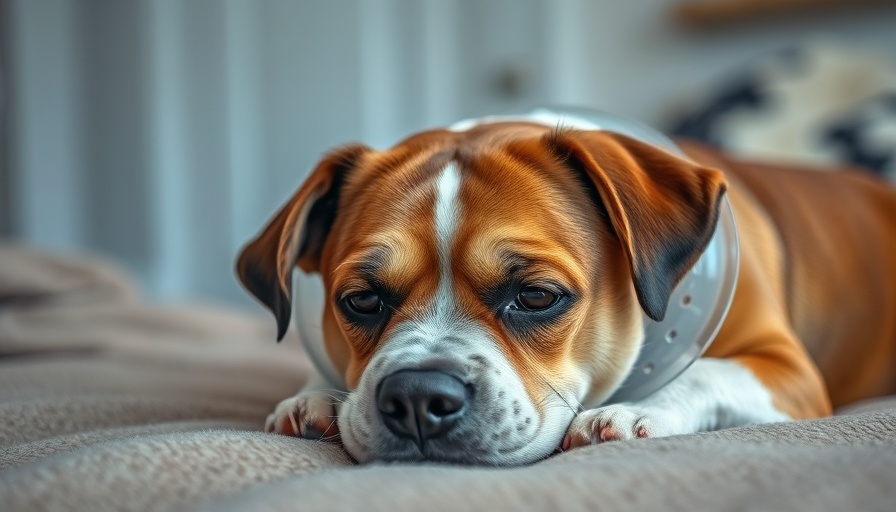 Dog recovering post-surgery wearing an e-collar indoors.