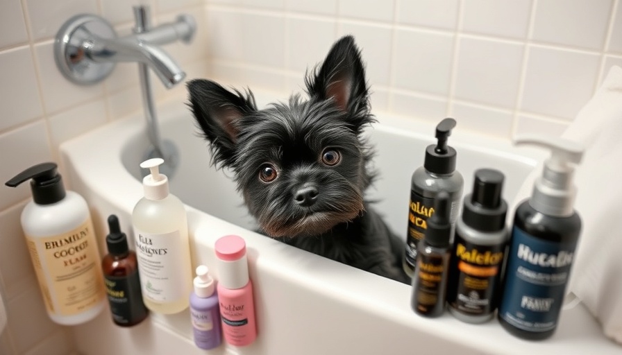 Cute dog in tub with premium dog shampoo that smells great.