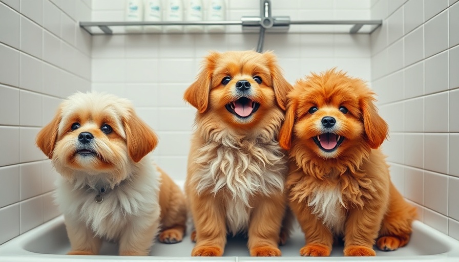 Three fluffy dogs in a shower showcasing dog shampoo benefits.