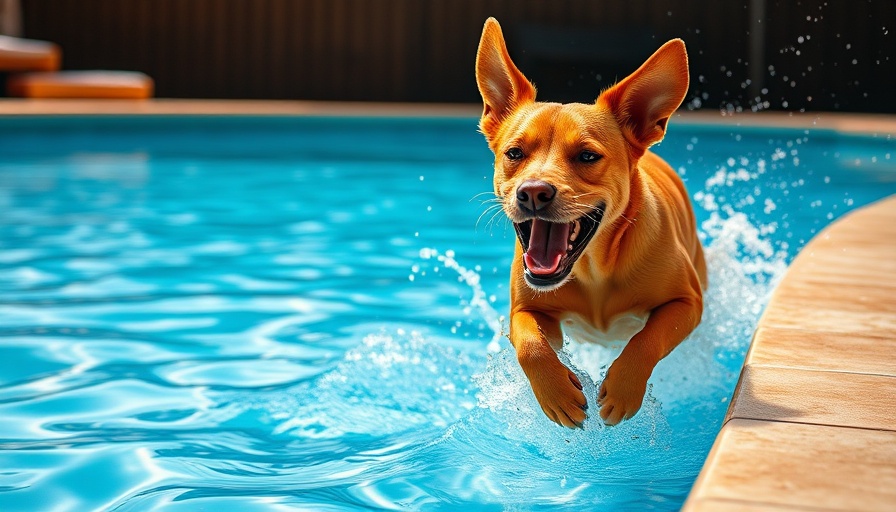 Playful dog jumping into pool on sunny day, showcasing dog safety around the pool.