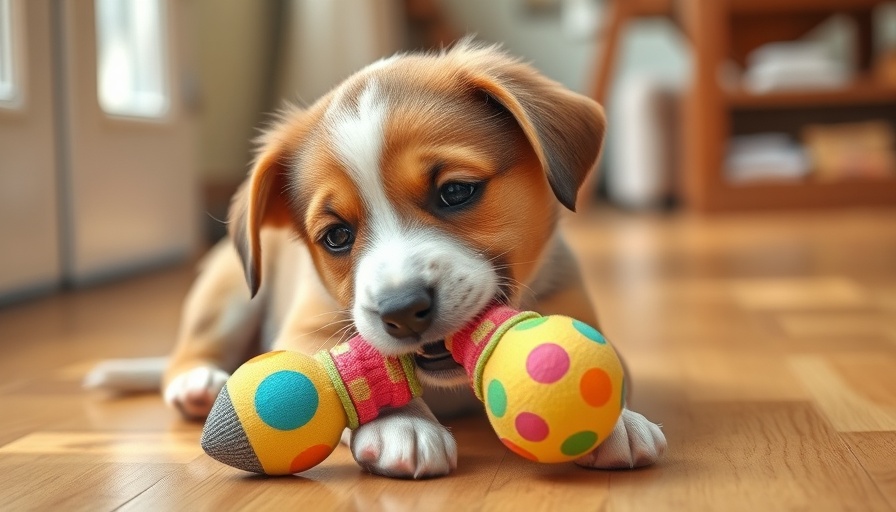 Puppy coping with teething by chewing a toy indoors.