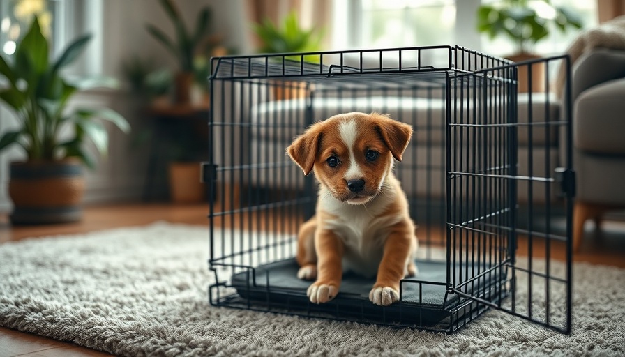 Puppy in crate for easy crate training steps in a cozy room.