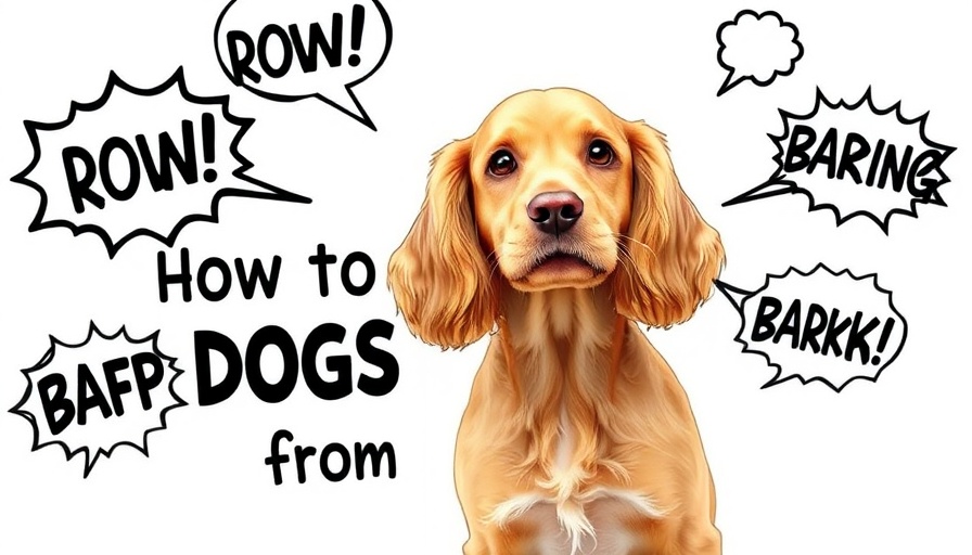Golden Cocker Spaniel and comic bark bubbles on 'how to stop dog barking' theme.