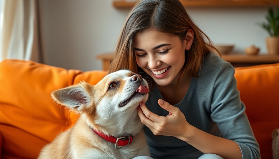 Dog showing love, licking happy young woman on an orange sofa, indoor setting.