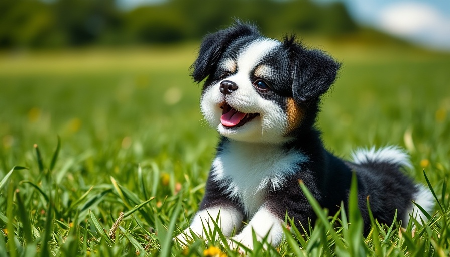 Fluffy toy dog breed with a joyful expression in a field.