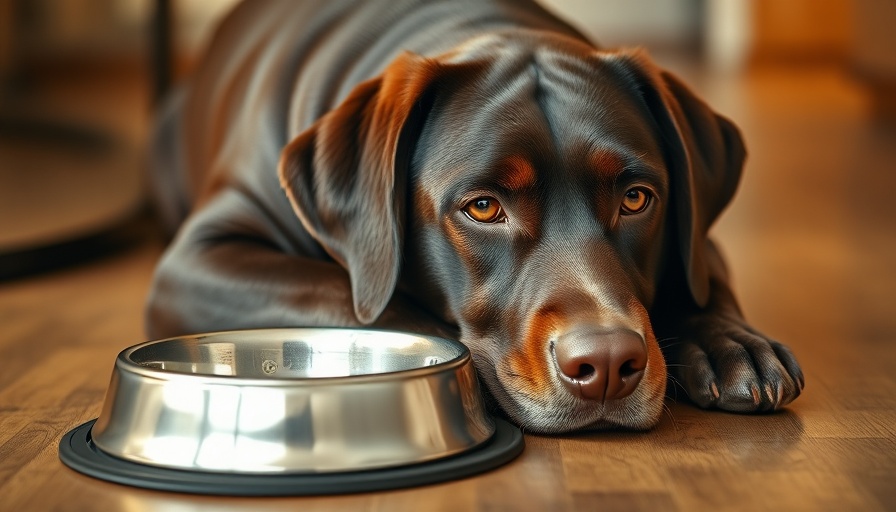 Labrador retriever with acid reflux lying by empty bowl indoors