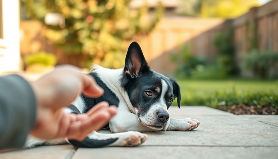 Black and white dog looking at a hand in a backyard.