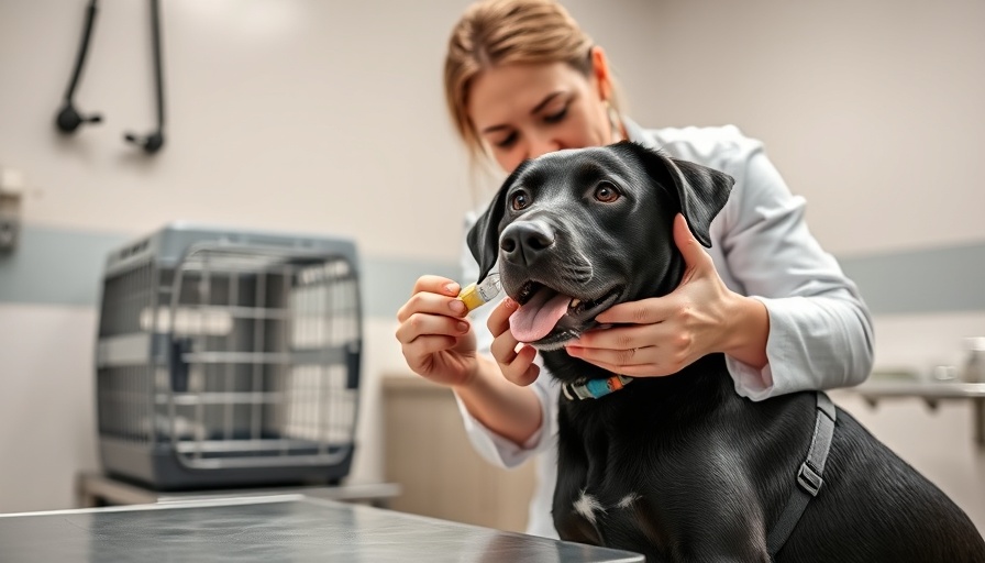 Veterinarian giving sucralfate to a black dog in clinic