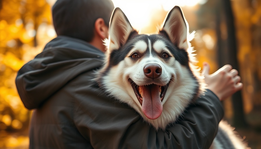 Husky dog hugging a person in the forest, expressive connection.