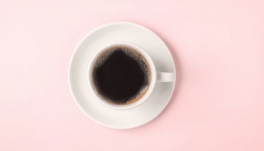 Black coffee in a white cup on pink background, emphasizing coffee and gut health.