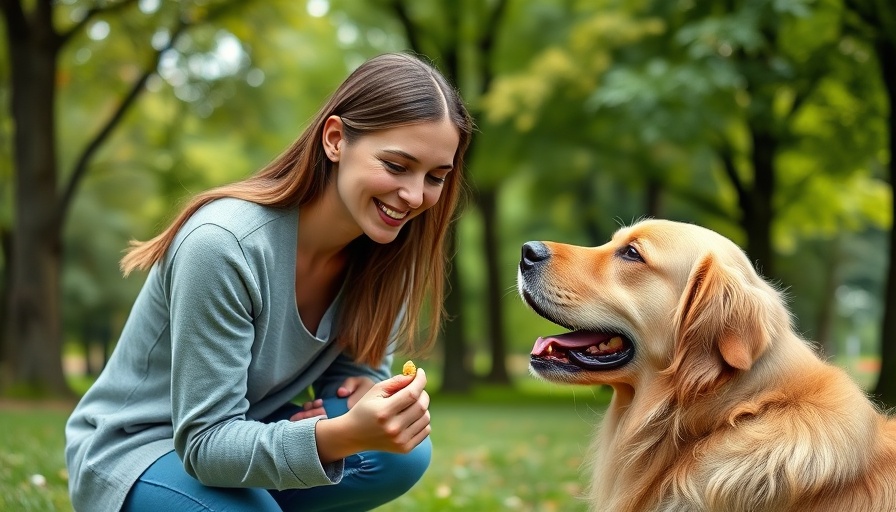 Positive reinforcement dog training with treats in a sunny park.
