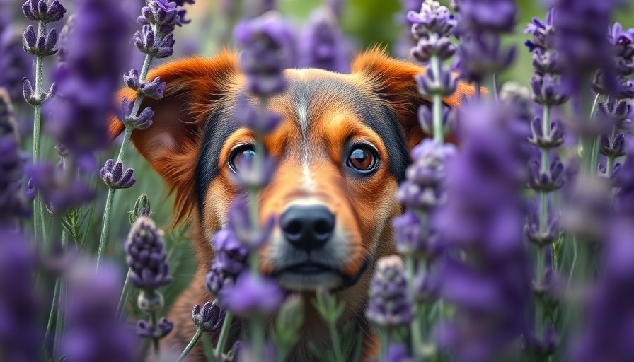 Dog among lavender flowers, promoting calming herbs for dogs.