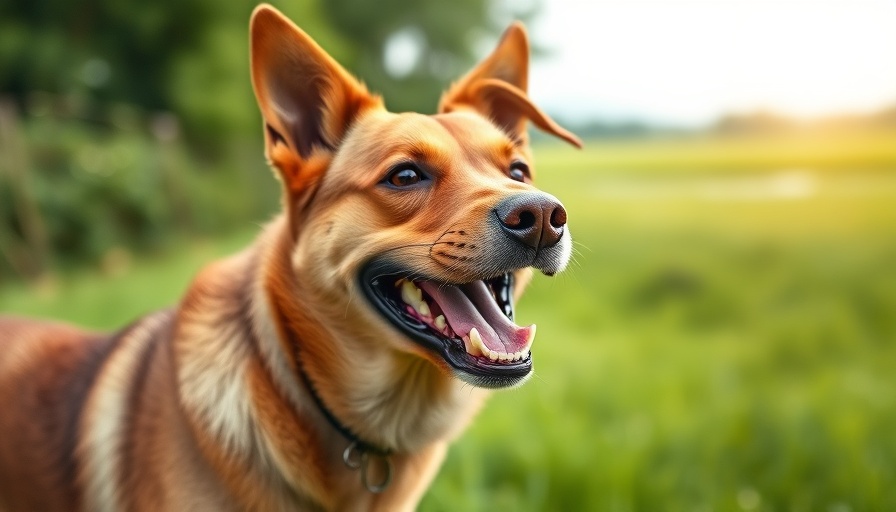 Happy brown dog in field showcasing healthy teeth.