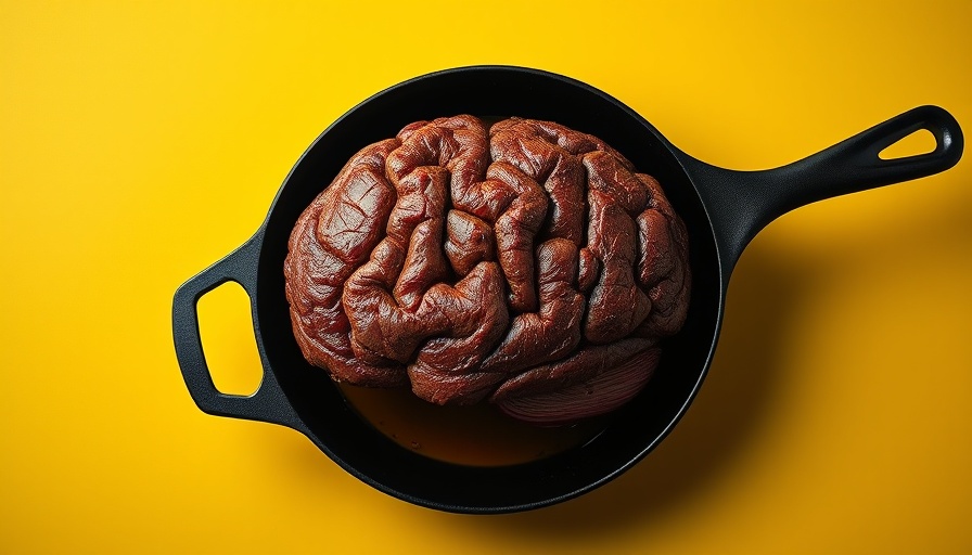 Surreal steak brain-like in skillet on yellow background.