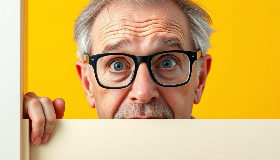 Surprised elderly man peeking from behind panel, reverse aging.