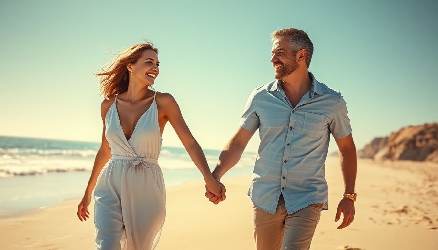 Happy couple enjoying sunny beach walk for longevity.