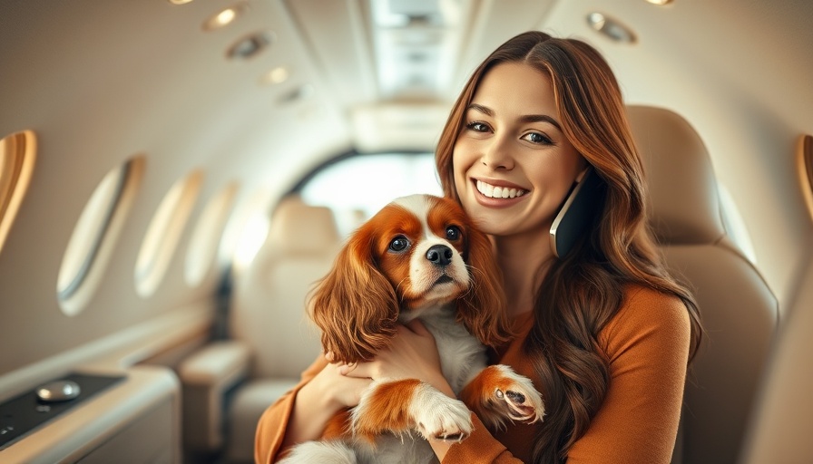 Young woman with Cavalier King Charles Spaniel in private jet, loyal companion.