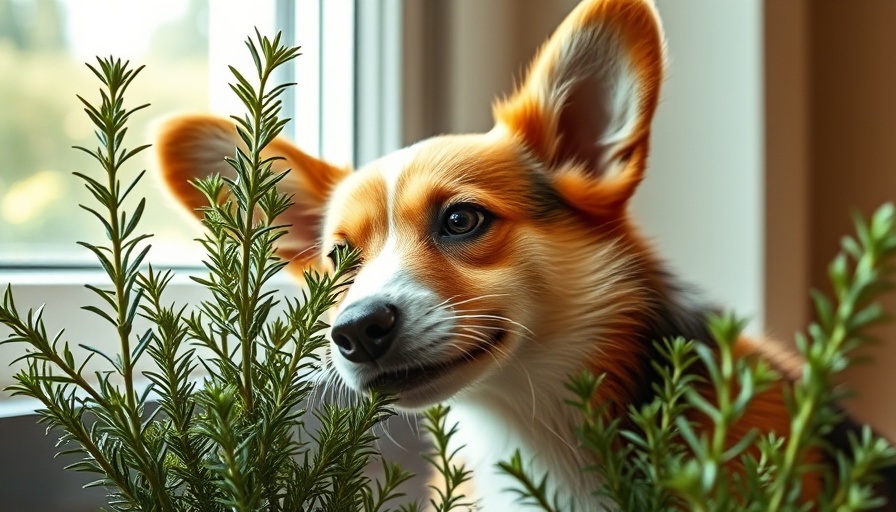 Healing Herbs for Dogs: Corgi sniffing rosemary indoors.