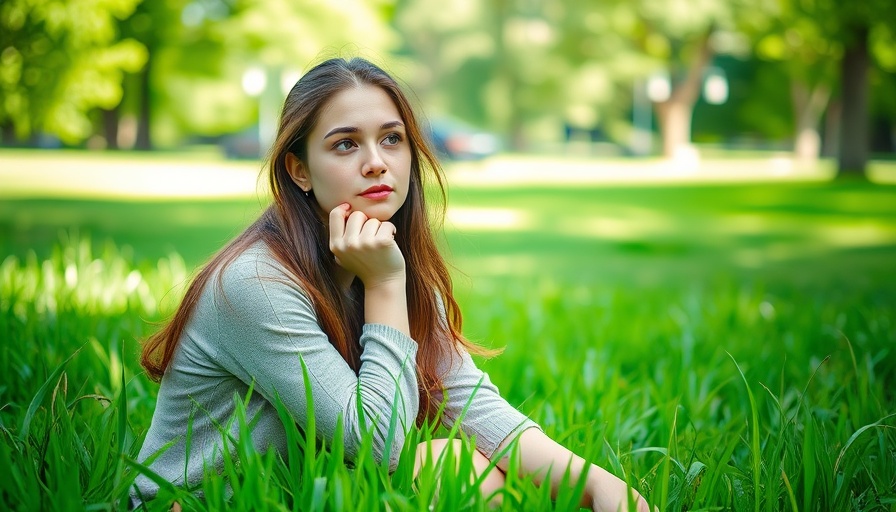 Contemplative young woman sitting on grass, highlighting alternative medicine for depression.