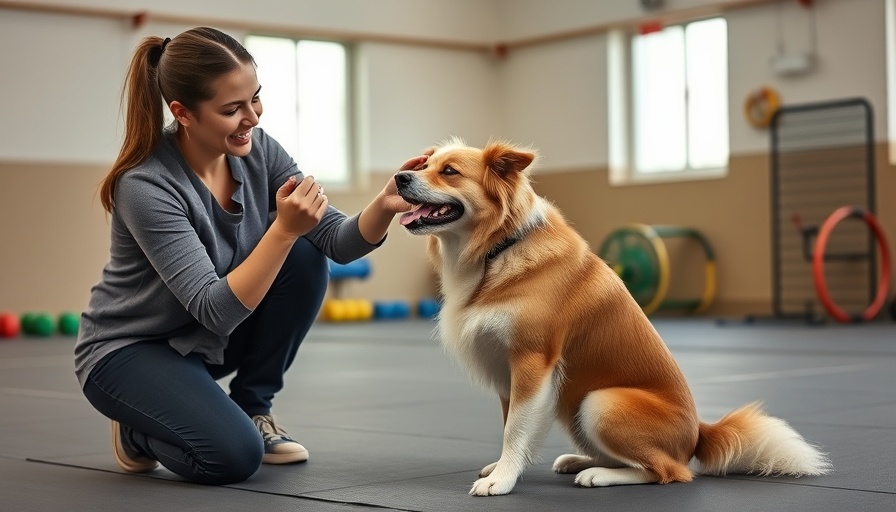 Woman teaching dog to roll over in training room.