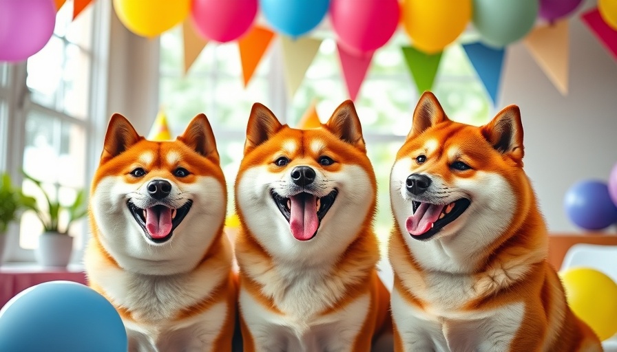 Playful Shiba Inu dogs celebrating a birthday with balloons and banners.
