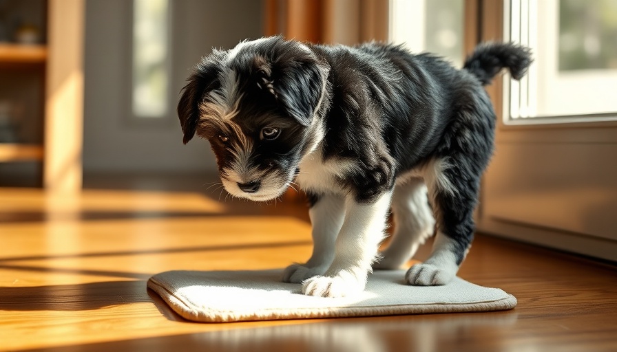 Fluffy puppy learning to use a pee pad indoors on wooden floor.