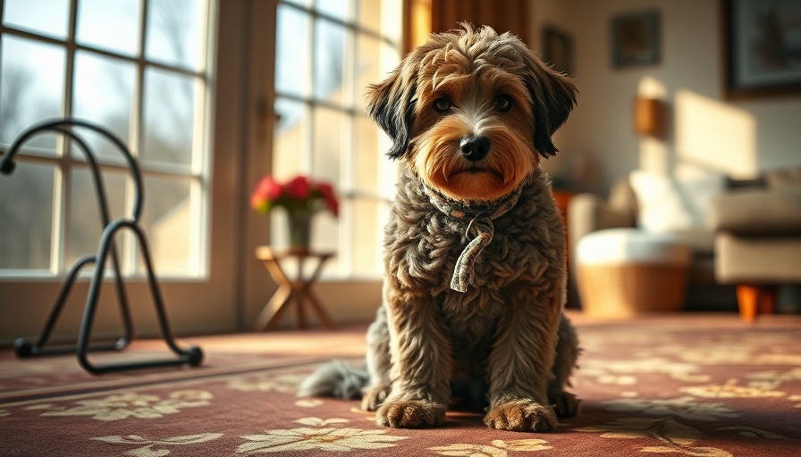 Curly-coated dog sitting at bottom of stairs, cozy home.