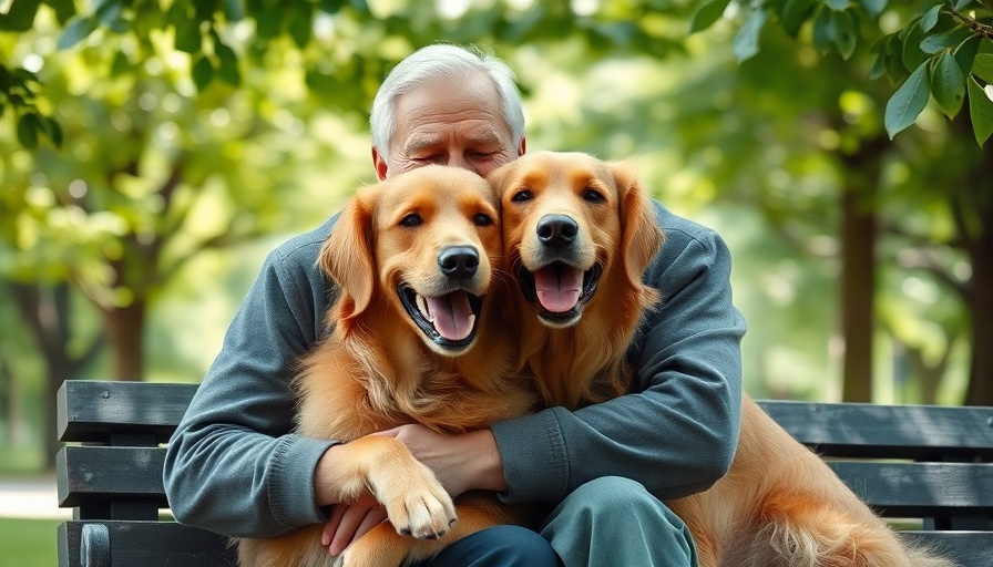 Older man joyfully hugs golden retriever in park, dog reuniting stories.