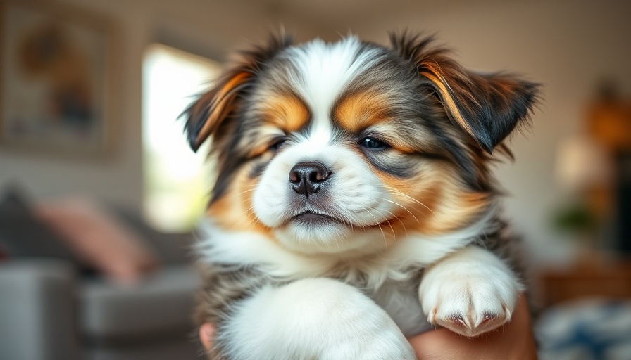 Fluffy tricolor dog being held, symbolizing good luck.