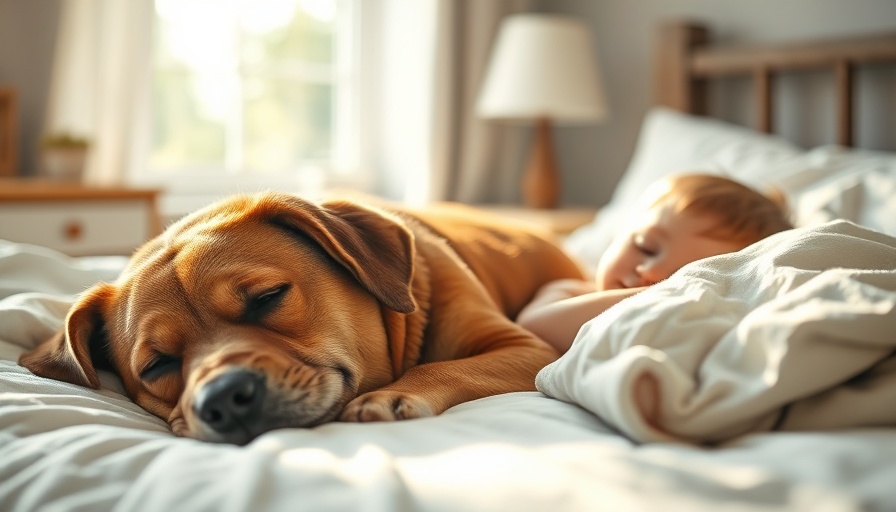 Calm brown dog resting next to a child, showing peace and comfort.