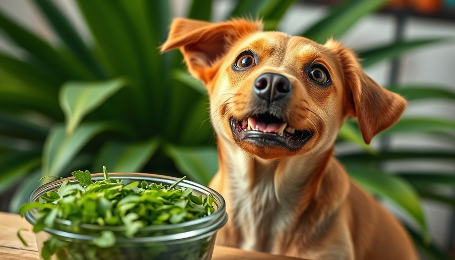 Brown dog with natural ingredients and plant, photorealistic.