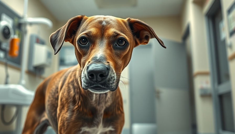 Emaciated brown dog standing in a clinic, worried expression.